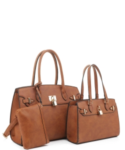 3In1 Plain Key Lock Design Tote Bag with Bag Set US-30067 BROWN